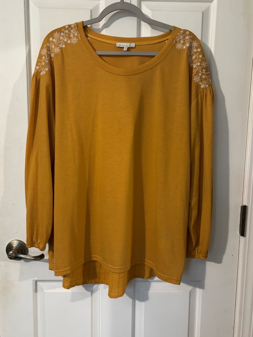 EUC Mustard Embroidered Shoulder Long-Sleeve Top by Skies Are Blue. Size 2X.